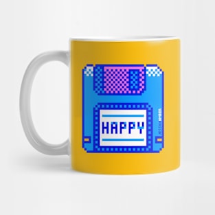 Happy Geek Blue Retro Floppy Disk Pixel Art Mug